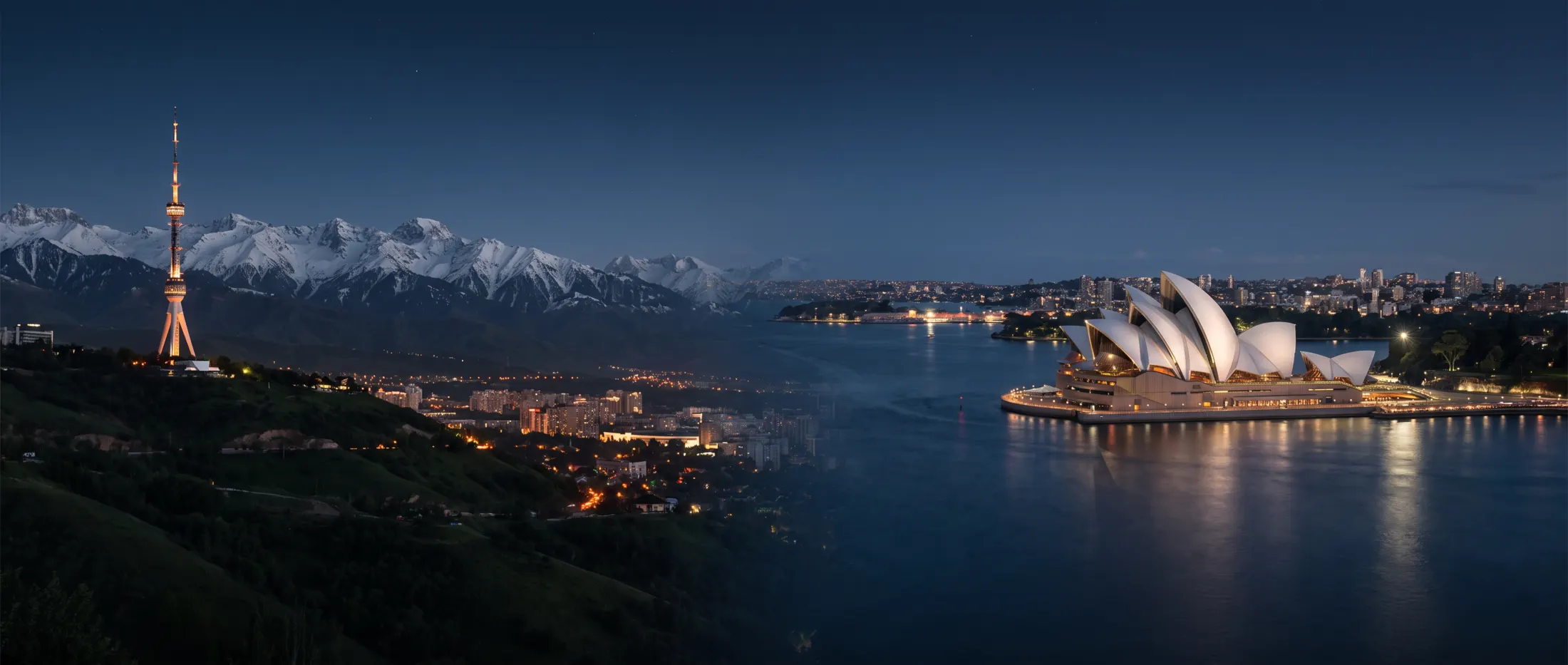 Almaty and Sydney Opera House panorama