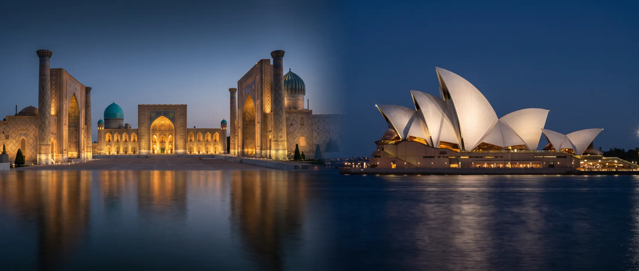Samarkand Registan and Sydney Opera House panorama