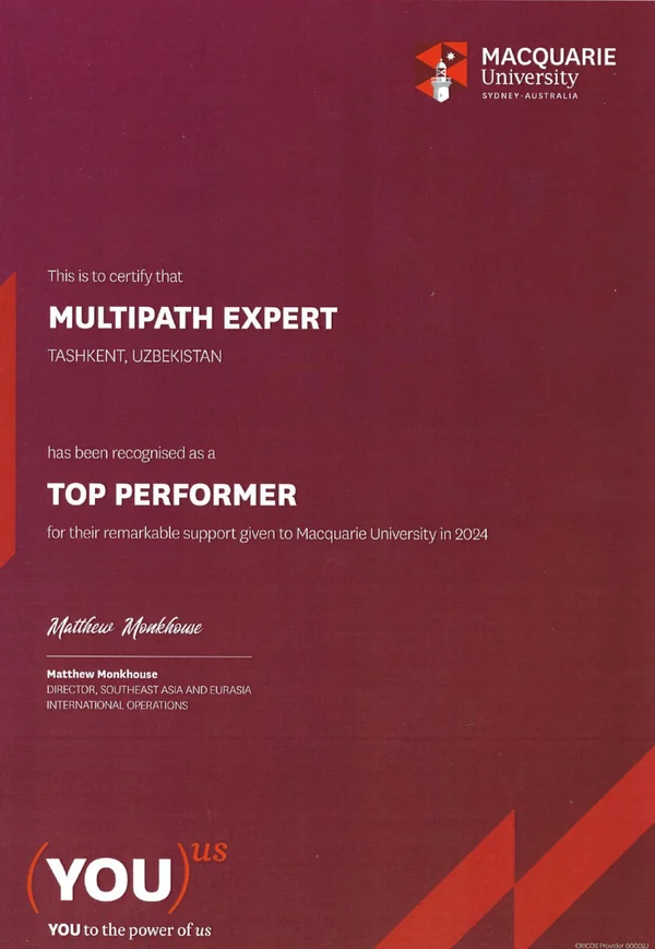 Macquarie University Top Performer 2024 certificate awarded to MultiPath Expert, Tashkent